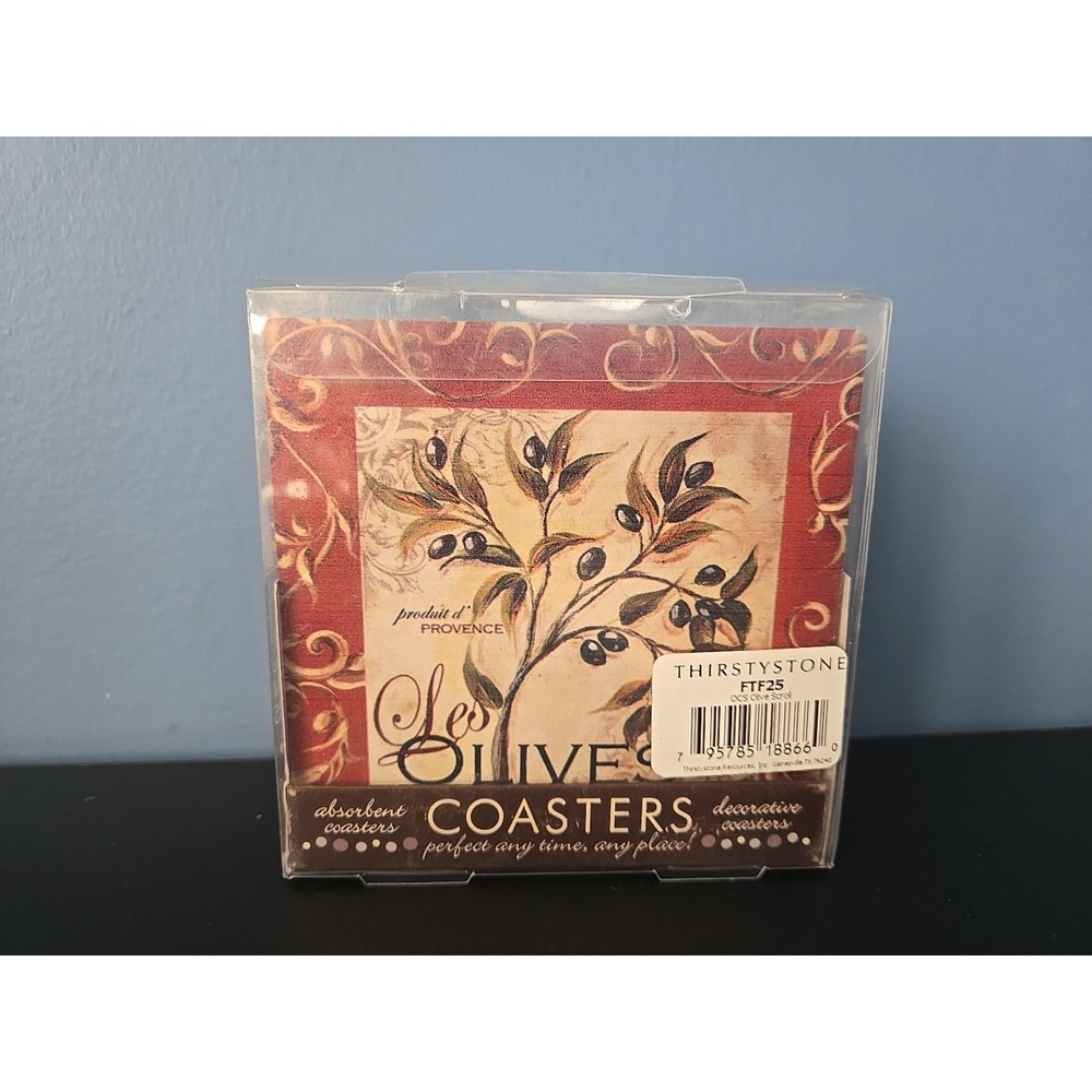 Les Olives Provence Absorbant Stone Coasters Set of 4 Cork Back Olive Scroll